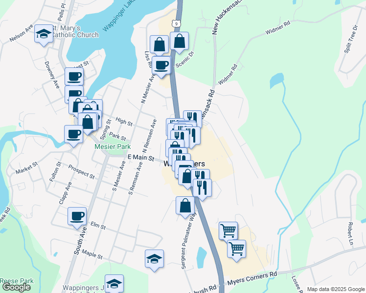 map of restaurants, bars, coffee shops, grocery stores, and more near 1189 U.S. 9 in Wappingers Falls