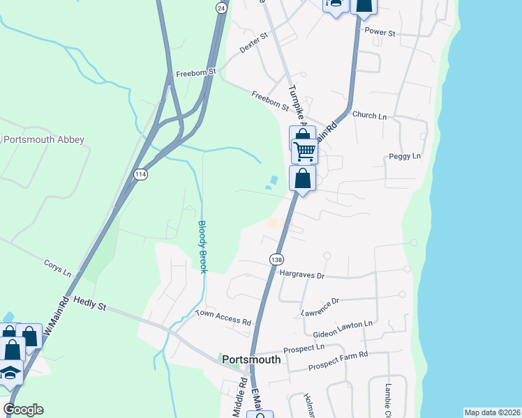 map of restaurants, bars, coffee shops, grocery stores, and more near 2456 East Main Road in Portsmouth