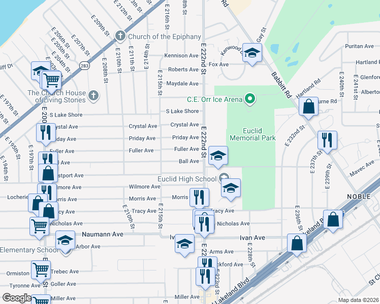 map of restaurants, bars, coffee shops, grocery stores, and more near 22000 Fuller Avenue in Euclid