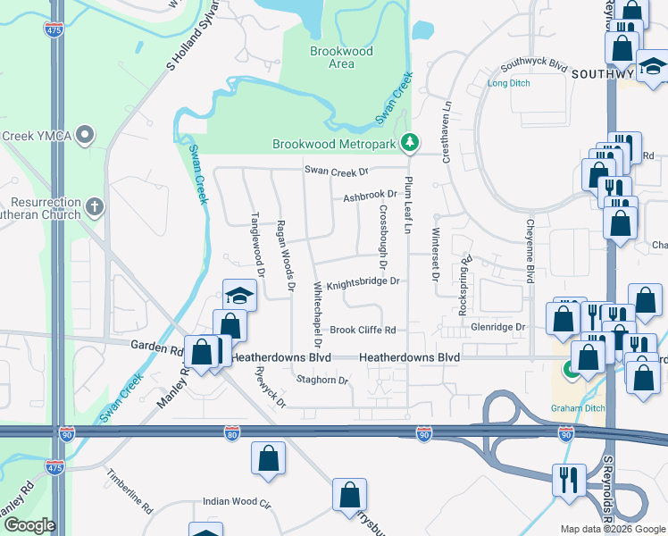 map of restaurants, bars, coffee shops, grocery stores, and more near 5723 Heatherbank Road in Toledo