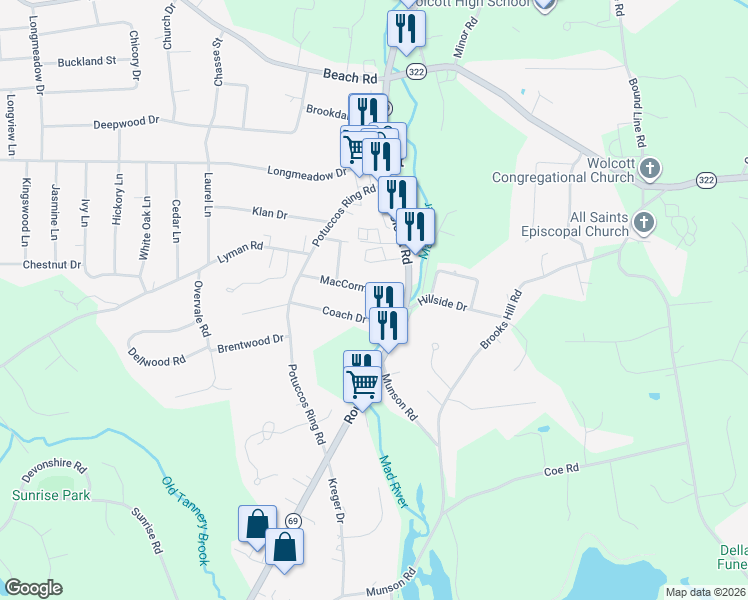 map of restaurants, bars, coffee shops, grocery stores, and more near 70 Coach Drive in Wolcott
