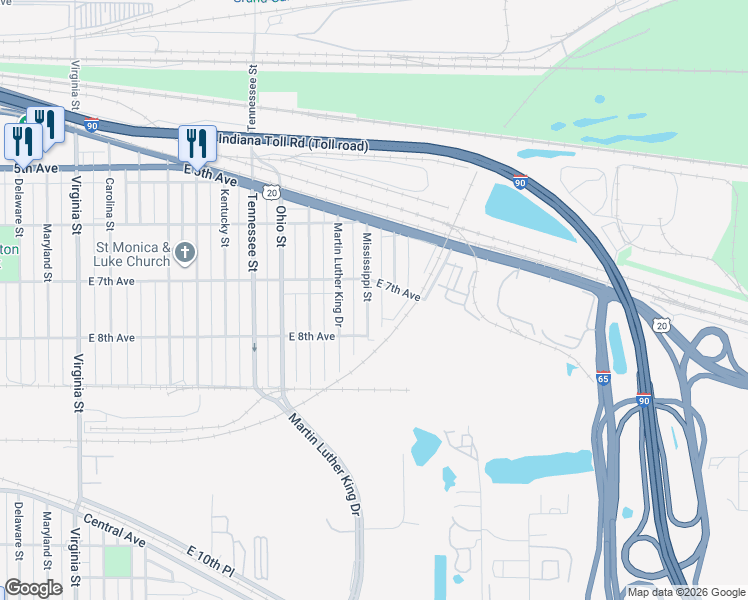 map of restaurants, bars, coffee shops, grocery stores, and more near 1653 East 7th Avenue in Gary