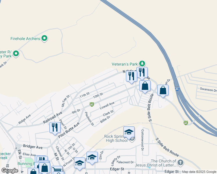 map of restaurants, bars, coffee shops, grocery stores, and more near 1326 11th St in Rock Springs
