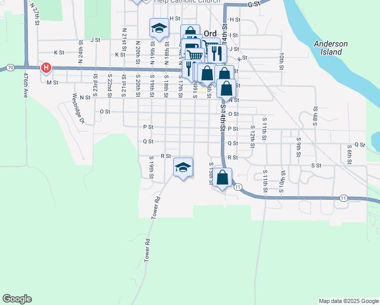 map of restaurants, bars, coffee shops, grocery stores, and more near 1608 R Street in Ord
