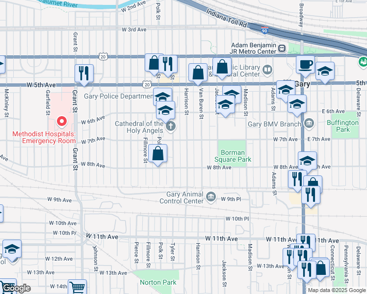 map of restaurants, bars, coffee shops, grocery stores, and more near 716 Harrison Street in Gary