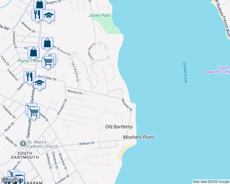 map of restaurants, bars, coffee shops, grocery stores, and more near 6 Redwood St in Dartmouth