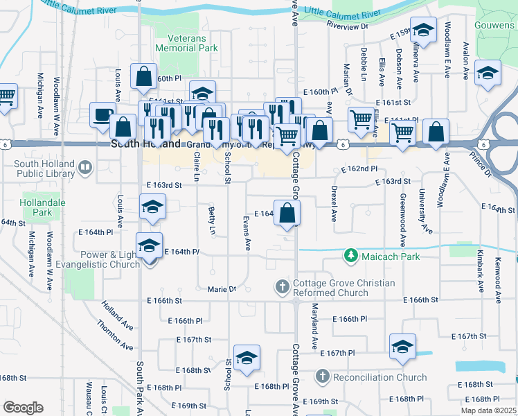 map of restaurants, bars, coffee shops, grocery stores, and more near 722E East 164th Street in South Holland