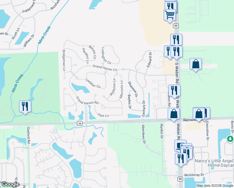map of restaurants, bars, coffee shops, grocery stores, and more near 708 Mecosta Lane in Romeoville