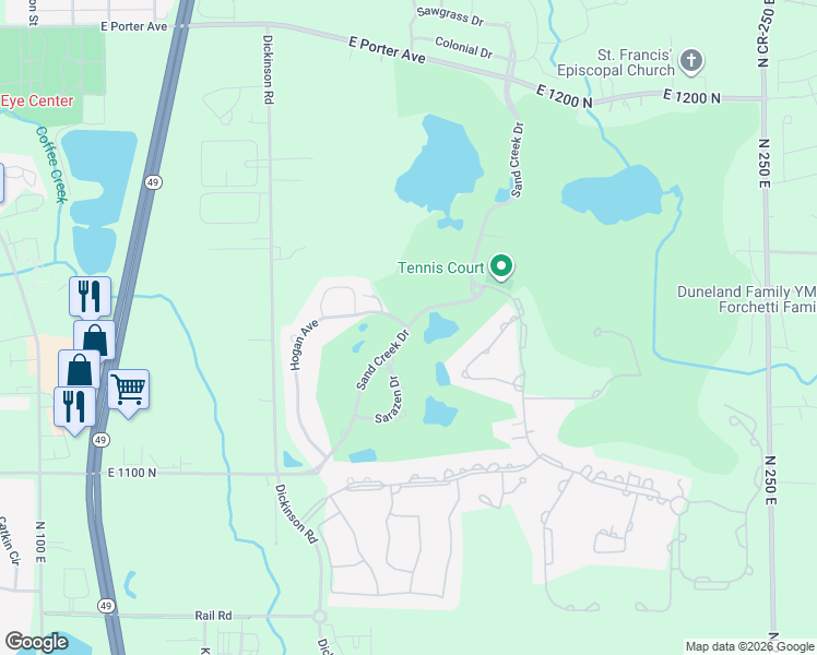 map of restaurants, bars, coffee shops, grocery stores, and more near 1401 Hogan Avenue in Chesterton