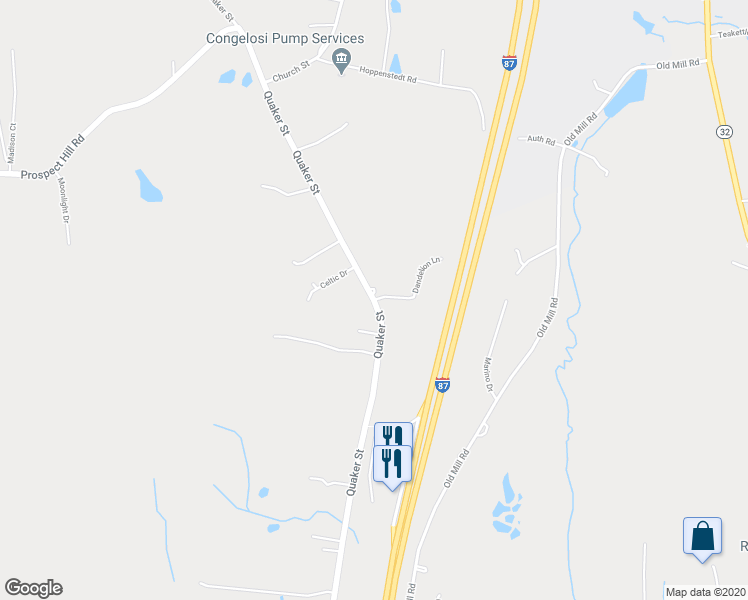 map of restaurants, bars, coffee shops, grocery stores, and more near Quaker Street & Dandelion Lane in Wallkill