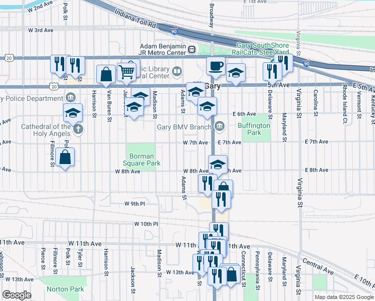 map of restaurants, bars, coffee shops, grocery stores, and more near 717 Adams Street in Gary