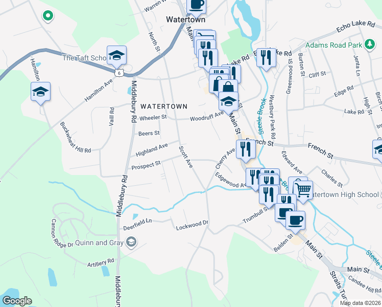 map of restaurants, bars, coffee shops, grocery stores, and more near 52 Catherine Street in Watertown