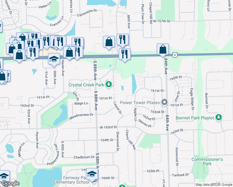 map of restaurants, bars, coffee shops, grocery stores, and more near 16121 Laurel Drive in Orland Park