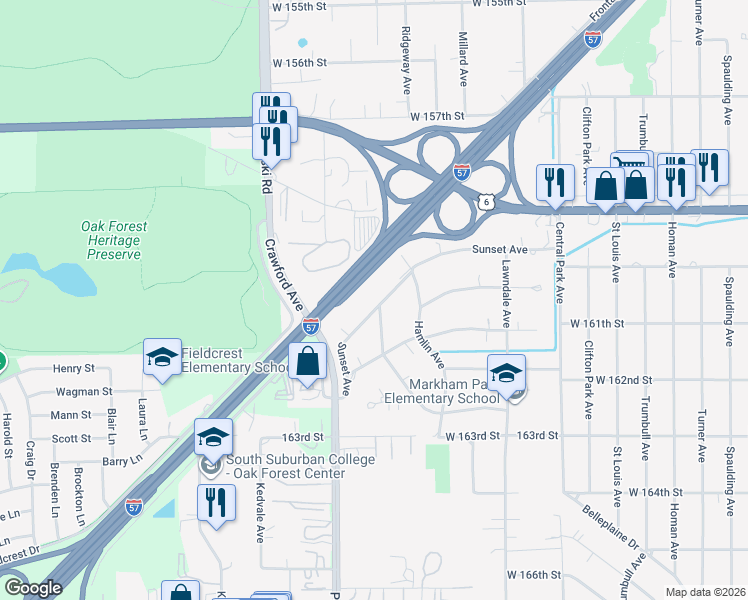 map of restaurants, bars, coffee shops, grocery stores, and more near 3850 Sunset Avenue in Markham