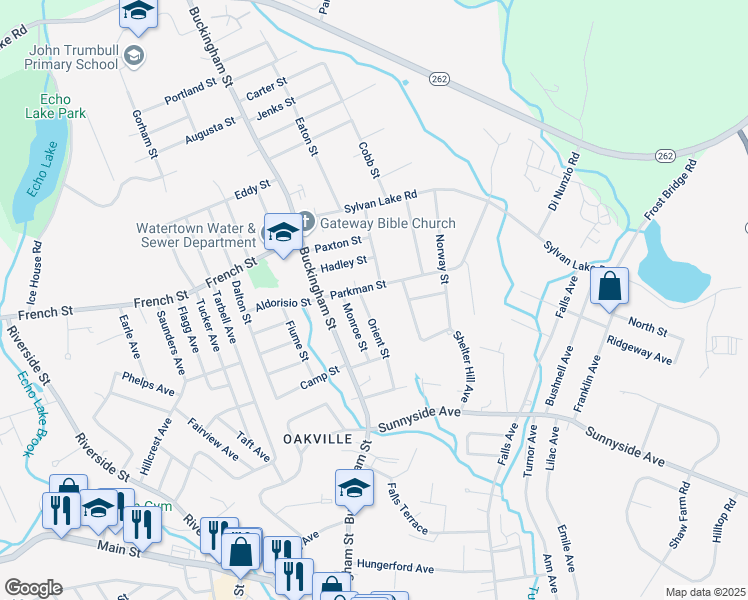 map of restaurants, bars, coffee shops, grocery stores, and more near 62 Parkman Street in Watertown