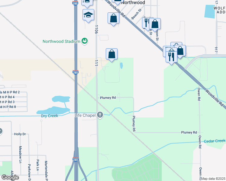 map of restaurants, bars, coffee shops, grocery stores, and more near 3325 Plumey Road in Northwood