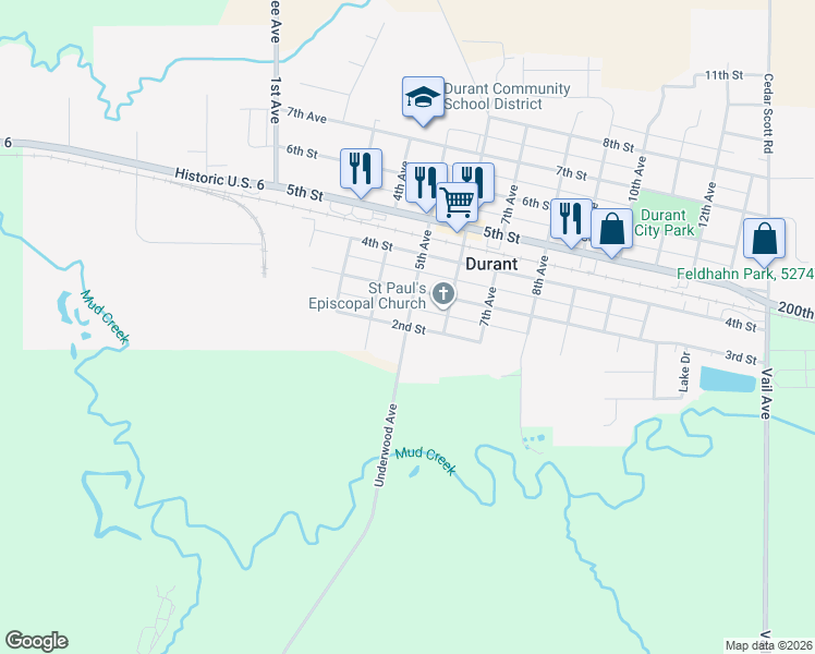 map of restaurants, bars, coffee shops, grocery stores, and more near 500 2nd Street in Durant