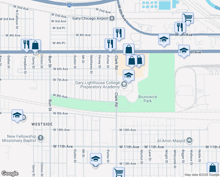 map of restaurants, bars, coffee shops, grocery stores, and more near 739 Porter Street in Gary