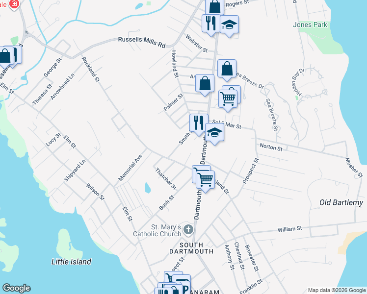 map of restaurants, bars, coffee shops, grocery stores, and more near 52 Smith St in Dartmouth