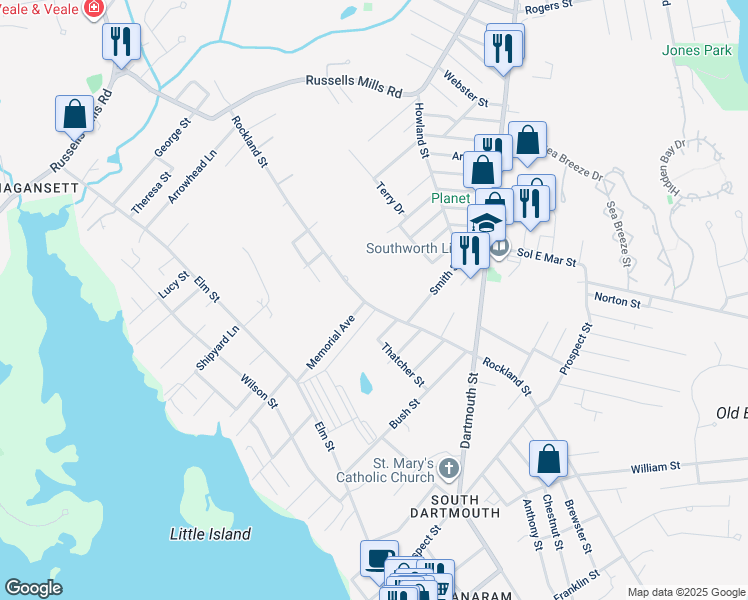 map of restaurants, bars, coffee shops, grocery stores, and more near 157 Rockland Street in Dartmouth