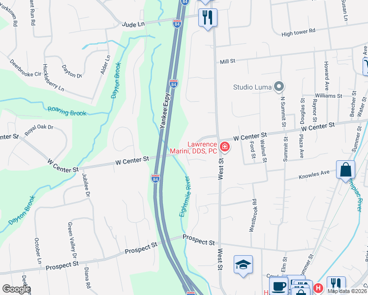 map of restaurants, bars, coffee shops, grocery stores, and more near 553 West Center Street in Southington