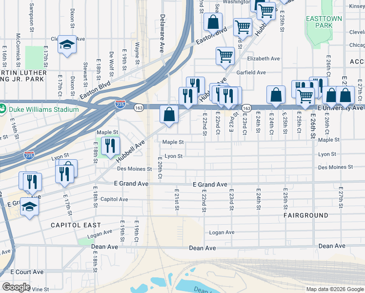 map of restaurants, bars, coffee shops, grocery stores, and more near 2105 Maple Street in Des Moines