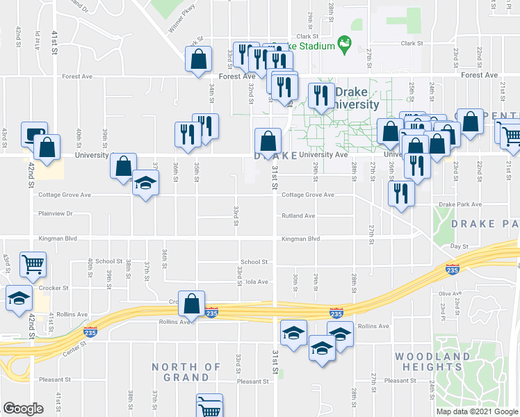 map of restaurants, bars, coffee shops, grocery stores, and more near 3102 Cottage Grove Avenue in Des Moines