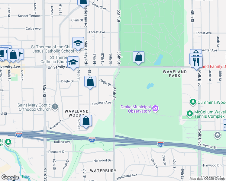 map of restaurants, bars, coffee shops, grocery stores, and more near 1064 56th Street in Des Moines