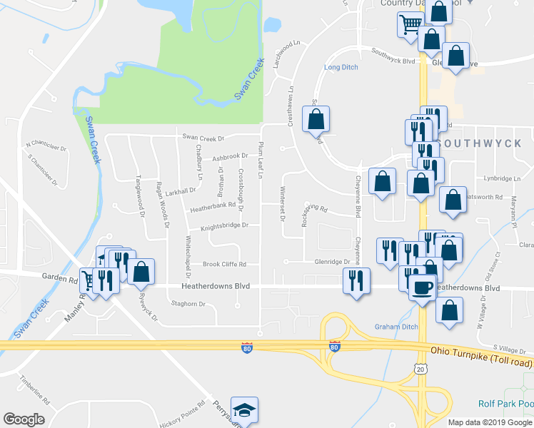 map of restaurants, bars, coffee shops, grocery stores, and more near 2315 Plum Leaf Ln in Toledo