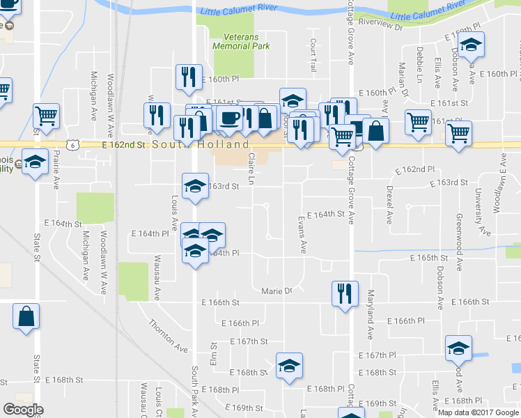 map of restaurants, bars, coffee shops, grocery stores, and more near 503 Betty Lane in South Holland