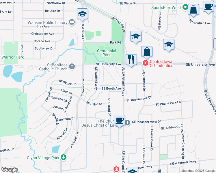 map of restaurants, bars, coffee shops, grocery stores, and more near 167 SE Booth Ave in Waukee