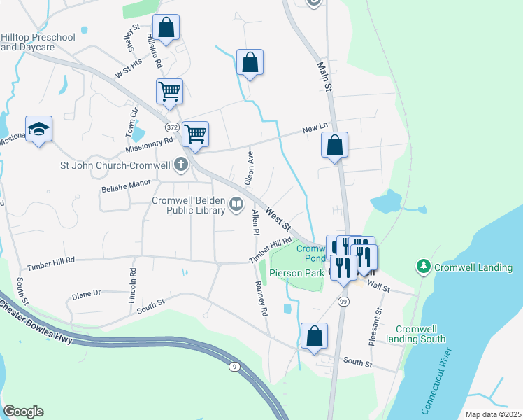 map of restaurants, bars, coffee shops, grocery stores, and more near 37 West Street in Cromwell