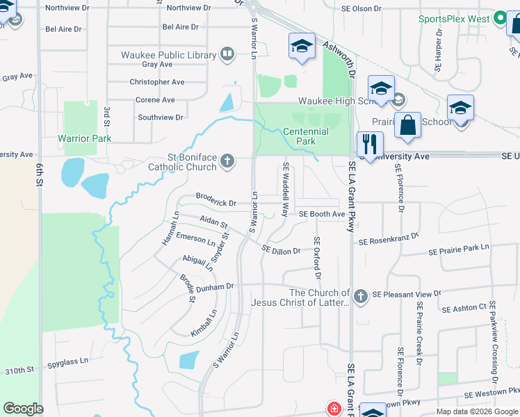 map of restaurants, bars, coffee shops, grocery stores, and more near 34 Southeast Booth Avenue in Waukee