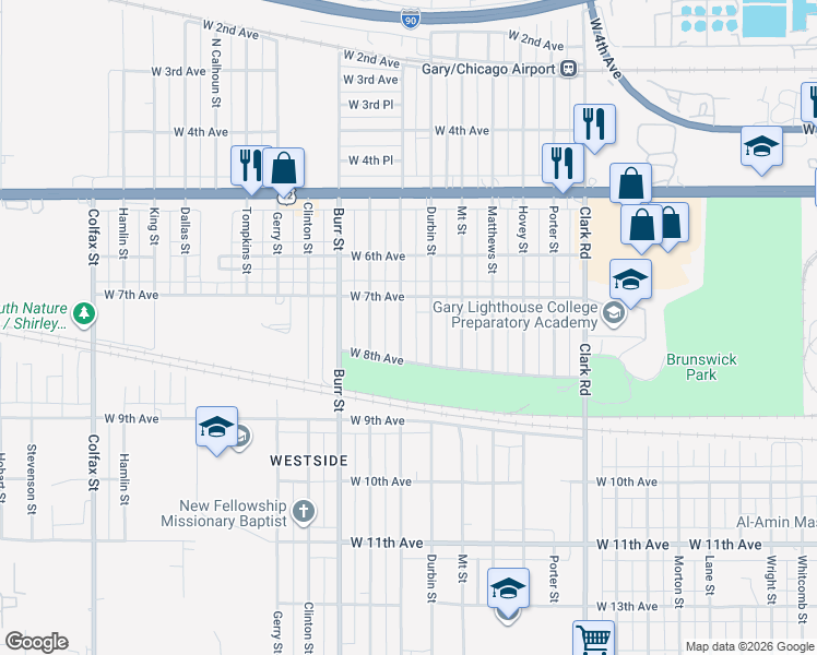 map of restaurants, bars, coffee shops, grocery stores, and more near 739 Hanley Street in Gary