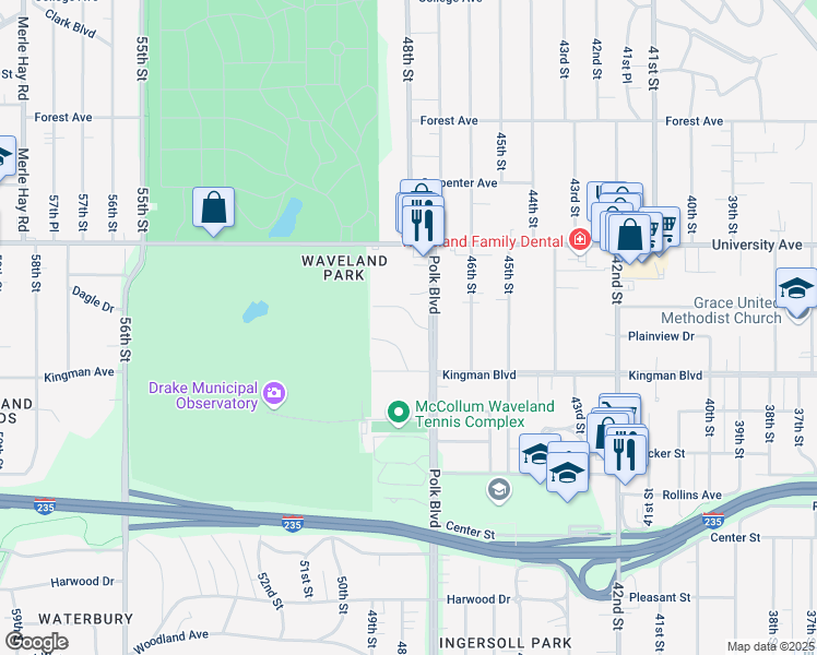 map of restaurants, bars, coffee shops, grocery stores, and more near 4710 Lakeview Drive in Des Moines