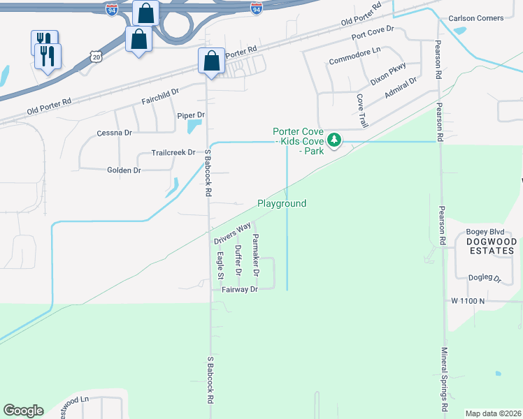 map of restaurants, bars, coffee shops, grocery stores, and more near 3432 Drivers Way in Chesterton
