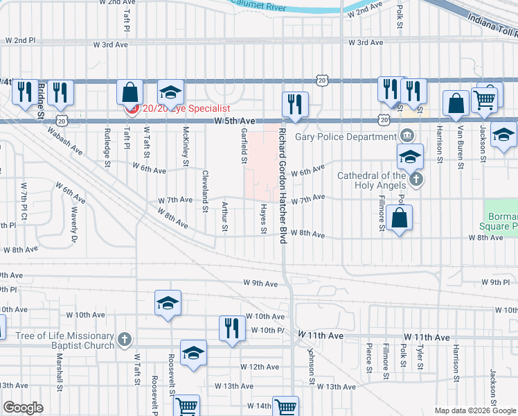 map of restaurants, bars, coffee shops, grocery stores, and more near 708 Hayes Street in Gary