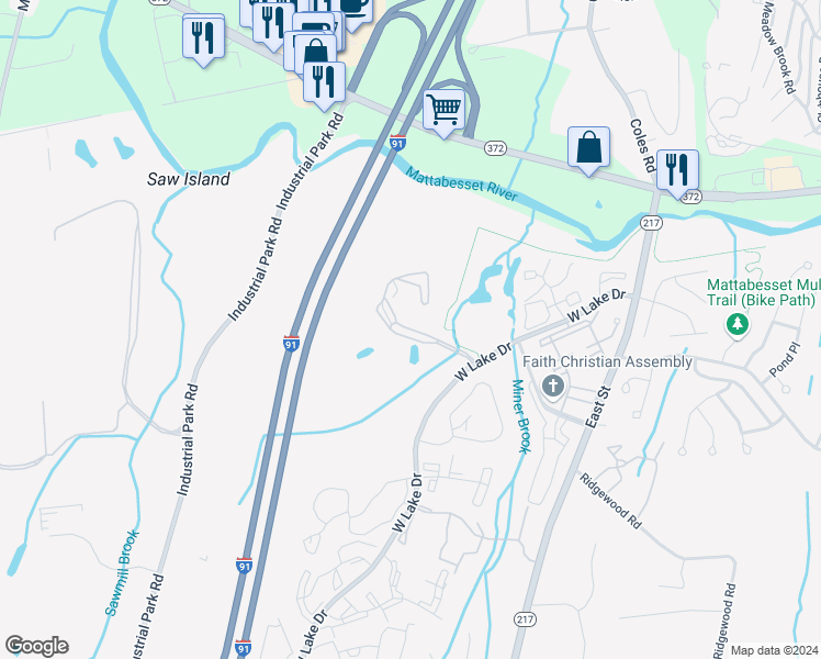 map of restaurants, bars, coffee shops, grocery stores, and more near 36 Russett Lane in Middletown
