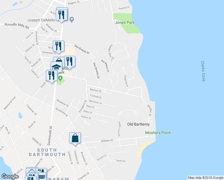 map of restaurants, bars, coffee shops, grocery stores, and more near 2 Sea Breeze Drive in Dartmouth