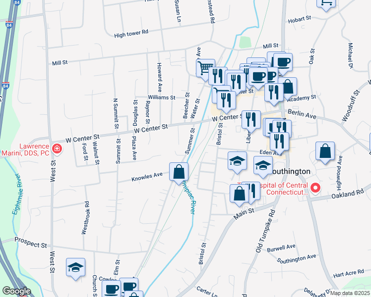 map of restaurants, bars, coffee shops, grocery stores, and more near 72 Summer Street in Southington