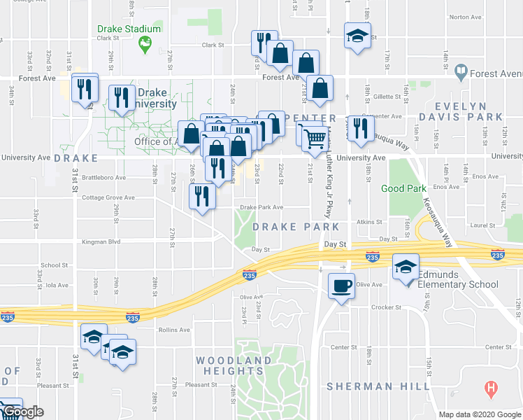 map of restaurants, bars, coffee shops, grocery stores, and more near 1079 23rd Street in Des Moines