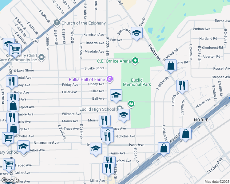 map of restaurants, bars, coffee shops, grocery stores, and more near 631 East 222nd Street in Euclid