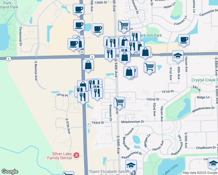 map of restaurants, bars, coffee shops, grocery stores, and more near 16057 Boardwalk Lane in Orland Park