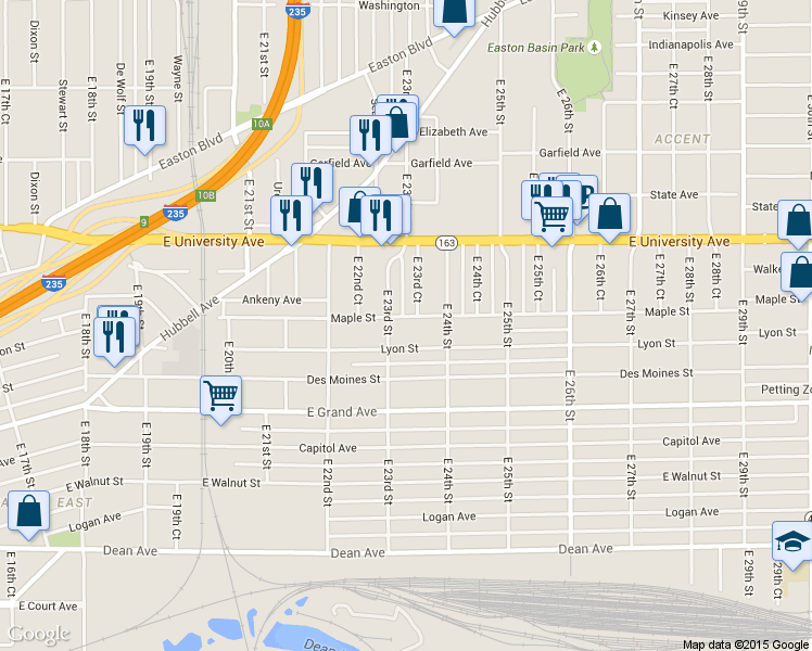 map of restaurants, bars, coffee shops, grocery stores, and more near 2313 Maple St in Des Moines