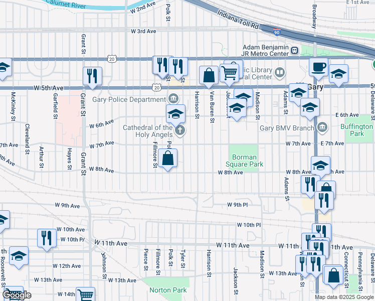 map of restaurants, bars, coffee shops, grocery stores, and more near 713 Tyler Street in Gary