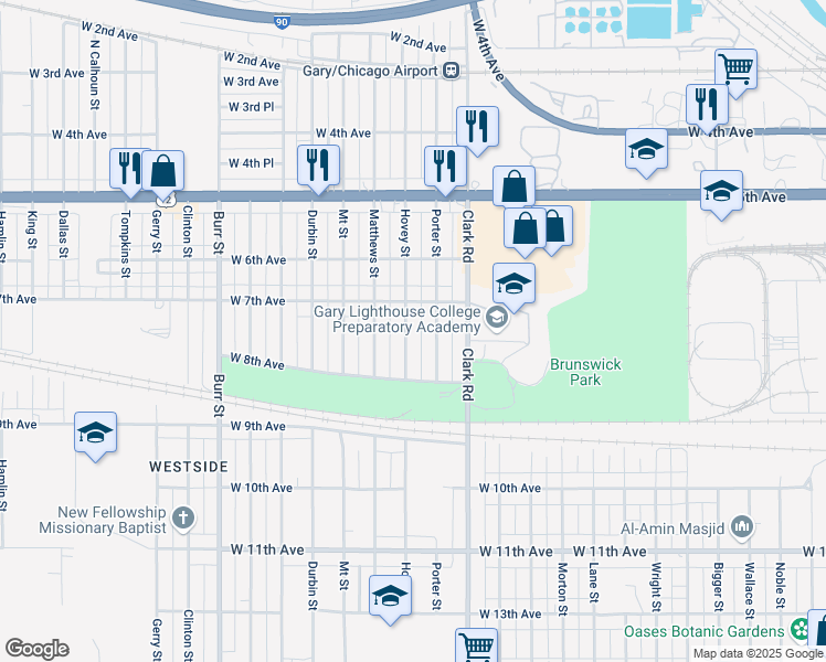 map of restaurants, bars, coffee shops, grocery stores, and more near 737 Hovey Street in Gary