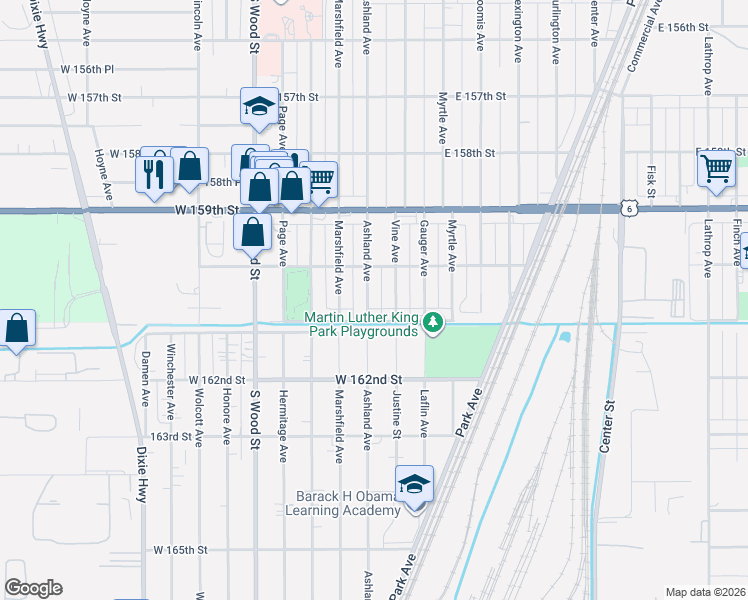 map of restaurants, bars, coffee shops, grocery stores, and more near 16027 South Ashland Avenue in Harvey