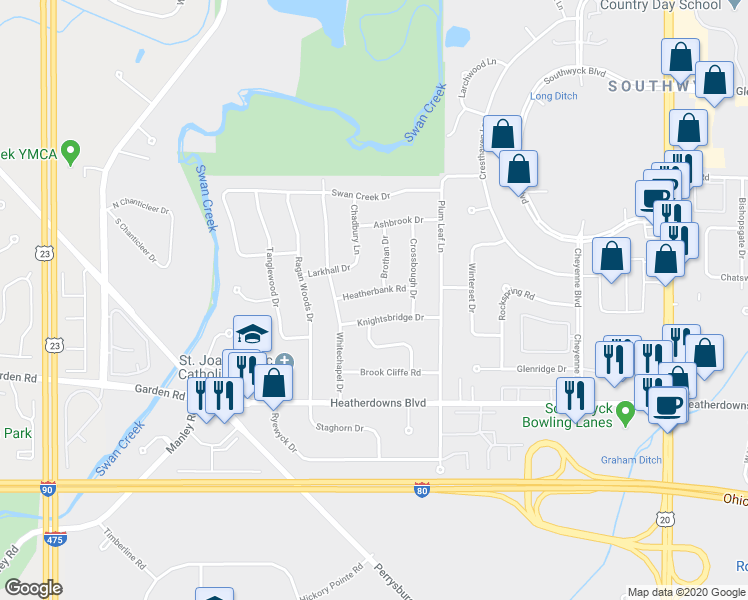 map of restaurants, bars, coffee shops, grocery stores, and more near 5723 Heatherbank Road in Toledo