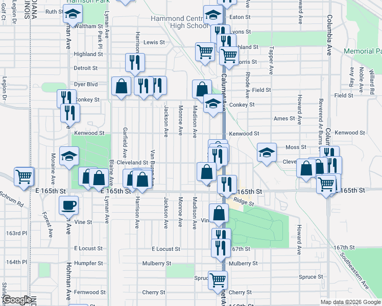 map of restaurants, bars, coffee shops, grocery stores, and more near 6336 Madison Ave in Hammond