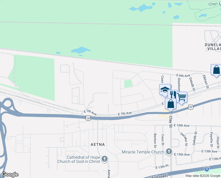 map of restaurants, bars, coffee shops, grocery stores, and more near 632 New Jersey Street in Gary